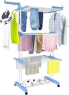 Clothes Drying Rack, Large 4-Tier Foldable Drying Rack Clothing(67.7H x 19.7W x 30L Inches), Movable Drying Rack with 4 castors. Multifunctional Stainless Steel Laundry Drying Rack, Blue (Blue)