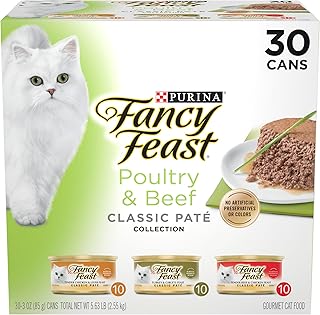 Purina Fancy Feast Grain Free Pate Wet Cat Food Variety Pack, Poultry & Beef Collection - (30) 3 oz. Cans