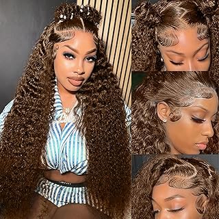 200 Density Chocolate Brown Lace Front Wig Human Hair 30 Inch 13x6 HD Deep Wave Lace Front Wigs Human Hair Colored Deep Curly Lace Frontal Wigs Glueless Wig for Woman Pre Plucked with Natural Hairline