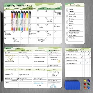 Magnetic Dry Erase Calendar Whiteboard for Fridge (4-Pack) Weekly & Monthly Planner, Chore Charts, Grocery/to-Do Lists White Board with 8 Markers, 6 Magnets, and 1 Eraser Home & Kitchen, Green