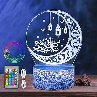 مصباح رمضان بتصميم قمر ثلاثي الابعاد من بسيكال، ديكورات رمضان للمنزل، ديكورات رمضان مبارك، ديكور رمضان كريم، مصباح طاولة على شكل قمر مع جهاز تحكم عن بعد، هدية هلال اسلامي (فانوس بي)