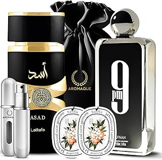 مجموعة هدايا من اروماك عطر افنان ولطافة اسد للرجال سعة 3.4 اونصة زجاجة فارغة قابلة لاعادة الملء للسفر و4 بطاقات معطر سيارة في شنطة الساتان