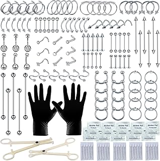 مجموعة ثقب 153 قطعة من توستريون لجميع ثقوب الجسم مع مجوهرات ثقب وادوات للانف والحاجز والبطن والشفاه والاذن واللسان والغضروف والحاجب واكثر من ذلك مع ابر ثقب 12 و14 و16 و20 غرام