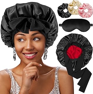 TirEurt Silk Sleep Cap, Hair Cap for Night for Women, Silk Bonnet Sleep Cap for Nourished Hair While Sleeping, with Blindfold and Headband Sleep Cap for Women, Black