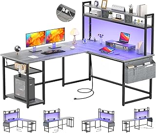 اهيبلاس مكتب على شكل حرف L مع منفذ طاقة وشريط LED، مكتب كمبيوتر زاوية قابل للعكس على شكل حرف L مع رف تخزين وحامل شاشة، مكتب كتابة منزلي عصري لشخصين، خشب البلوط الابيض