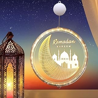 مصابيح رمضان معلقة ثلاثية الابعاد، مصابيح LED ليلية معلقة من ياكيتر، مصابيح رمضان كريم مع كوب شفط، اضواء زينة للنافذة والعيد للنافذة والباب والجدار (قلعة القمر)