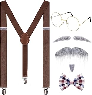 cnomg 5 PCS Old Man Costume 100 Day of School Grandpa Costume Bow Tie Mustache Glasses Suspenders for 1920s Grandpa Dress Up