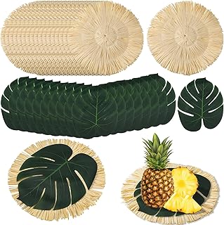 Sunnychicc 36pcs Luau Placemats and Palm Placemat, Round Luau Fringe Place Mats Tropical Palm Leaf Place Mats Bulk Summer Hawaiian Plate Chargers Table Placemats Tropical Party Supplies