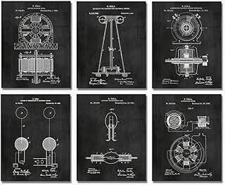 مجموعة مطبوعات فنية جدارية من نيكولا تيسلا (8 انش × 10 انش) مكونة من 6 قطع - هدايا للمهندسين - ديكور المنزل المهوس، أسود