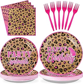 96Pcs Leopard Print Party Supplies Hot Pink Cheetah Print Plates and Napkins Tableware Sets Animal Jungle Safari Birthday Decorations for Safari Animal Leopard Theme Baby Shower Party Serves 24