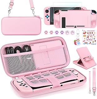 Younik Switch Accessories Bundle, 15 in 1 Pink Switch Accessories Kit for Girls Include Switch Carrying Case with 9 Game Card Slots, Adjustable Stand, Protective Case for Switch Console & J-Con