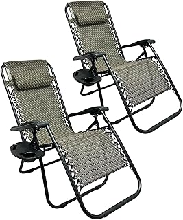 RENOVO Set of 2 Zero Gravity Chairs with Pillow and Cup Holder Foldable Patio Sunlounger Adjustable Reclining Outdoor Chairs for Deck, Beach, Yard