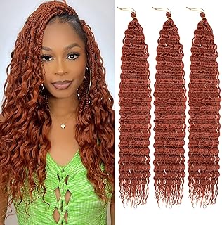 Samtress 24 Inch Ocean Wave Crochet Hair 3 Packs Long Deep Wave Crochet Hair Copper Red Curly Braiding Hair Synthetic Water Wave Bohemian Twist Crochet Braid Hair Extensions (#350)