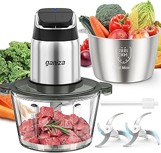 Ganiza - Food processor, meat grinder with glass and stainless steel bowls 8 cups, 450 W 2-speed copper motor and overheat protection light, incl