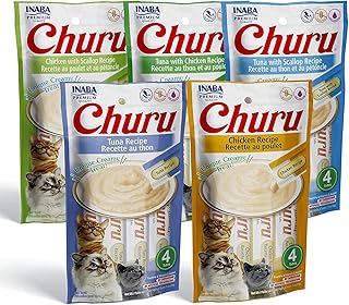 INABA Churu Cat Treats, Grain-Free, Lickable, Squeezable Creamy Purée Cat Treat/Topper with Vitamin E & Taurine 0.5 Ounces Each Tube, 20 Tubes, Tuna & Chicken Variety