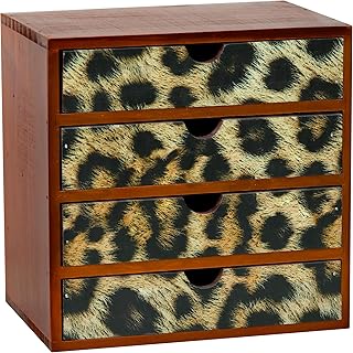 Classic Leopard Print Wooden Desk Organizer - 4-Drawer Desktop Storage - Rustic Wood Cabinet for Office Supplies, Craft Tools, & Home Organization - Luxurious Drawer Unit