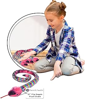 Forest & Twelfth 67” Reversible Flip Sequin Snake Stuffed Animal Toys for Kids, Sensory Fidget Toy, Soft Plush, Cool Room Decor for Girls & Boys (Rainbow/Pink-Black)