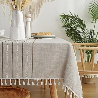 Xiao Hua Rustic Lattice Tablecloth with Tassel Cotton Linen Table Cloth Rectangle Table Burlap Table Cloth for Kitchen Dining Party (Coffee, Brown Line, 55''x102'', 8-10 Seats)