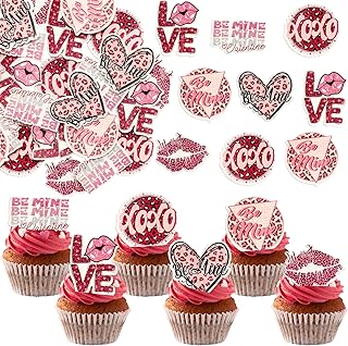 Gyufise 48Pcs Edible Valentine's Day Heart Love Cupcake Toppers Wafer Paper Leopard Be Mine Lipstick XOXO Cupcake Picks Decorations for Valentine's Day Birthday Anniversary Party Supplies