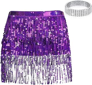 Women's Sequin Tassel Skirts Belly Dance Hip Scarf Outfit Sequins Skirt Belts with Crystal Stretch Bracelet for Women Girls