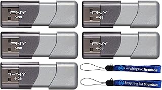 PNY ذاكرة فلاش USB 3.0 بسعة 64 جيجابايت ايليت تيربو اتاتشي 3 (5 عبوات) موديل P-FD64GTBOP-GE حزمة مع (2) حبل قصير ايفري ثينغ بات سترومبولي، سعة 64.0 GB