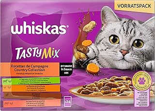 Whiskas 1+ Tasty Mix Country Collection Cat Food in Sauce, 24 x 85 g (2 Packs) - High Quality Wet Food for Adult Cats in 48 Portion Bags