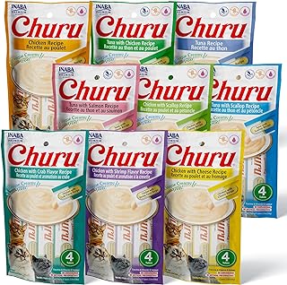 INABA Churu Cat Treats, Grain-Free, Lickable, Squeezable Creamy Purée Cat Treat/Topper with Vitamin E & Taurine, 0.5 Ounces Each Tube, 36 Tubes (4 per Pack), 9 Flavor Variety