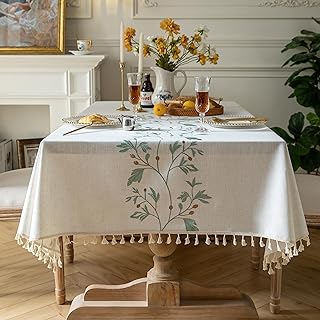 Xiao Hua Tablecloth for Dining Table Rustic Table Cover, Farmhouse Kitchen Table Cloth, Cotton Linen Fabric Small Rectangle Table Cloths for 8 to 10 Seats, Beige, Green Leaf, 55x102 Inch