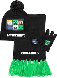 Boys Beanie, Gloves & Scarf Set | Kids One Size Green Knitted Winter Pom Pom Hat | Warm Gloves & Scarf with Creeper Character Face Logo | Mojang Video Game Merchandise Gift