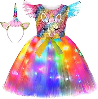 Soyoekbt Girls Unicorn Costume LED Light Up Unicorn Dress for Girls Princess Birthday Party Dress Up