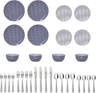 مجموعة ادوات مائدة للمطبخ مكونة من 32 قطعة تكفي لـ 4 اشخاص، اطباق عشاء وسلطة، مجموعة ادوات مائدة من الستانلس ستيل مزينة باللون الازرق والذهبي، امنة للاستخدام في غسالة الصحون والميكروويف، مقاومة