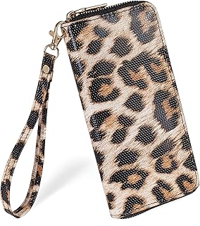 Fanwill Leopard Print Wallet For Women Cheetah Wristlet Purse Zip Around Card Holder, Cheetah Print, 8*4*12.in