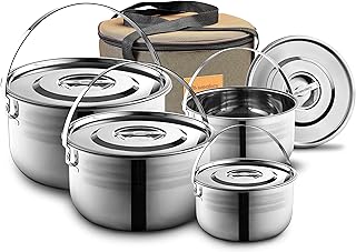 Camping Cookware Set - Compact Stainless Steel Campfire Cooking Pots and Pans | Combo Kit with Travel Tote Bag | Rugged Outdoor Cook Set for Hiking | Barbecues | Beach