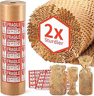 JARLINK Honeycomb Packing Paper, 15"x 213' Bubble Wrap for Packing/Shipping/Moving, Eco-Friendly Bubble Packing Paper Wrapping Roll, Recyclable Moving Supplies With 20 Fragile Sticker Labels