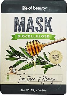 Life of Beauty Tea Tree and Honey Facial Sheet Mask Set - Bio Cellulose Korean Face Masks - Soothing Face Mask (Tea Tree and Honey, Single Pack)