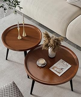 Vanpoo 2-Piece Mid Century Modern Round Walnut Coffee Table Set for Living Room,Easy Assembly Nesting Coffee Tables,Small Circle Coffee Side Tables for Sofa Bedside Office Balcony