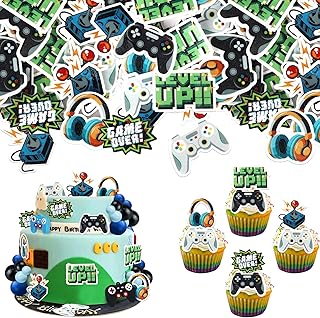 Rsstarxi 60 Pack Edible Video Game Theme Birthday Cupcake Toppers Rice Paper Controllers Game On Level Up GamePad Cupcake Picks Decorations for Baby Shower Kids Birthday Party Cake Decorations