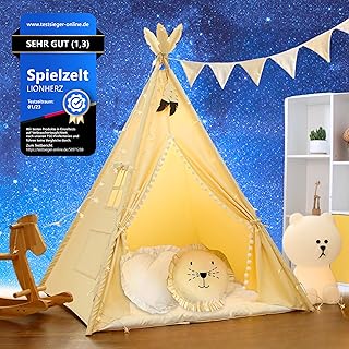 LIONHERZ® Tipi Zelt für Kinder aus 100% Baumwolle mit Kuschelmatte, Tragetasche und Federschmuck | Tippi Kinderzelt [Stabil] Teepee Spielzelt Indoor Outdoor | Spielhaus Mädchen Jungen