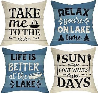 Fbcoo Life is Better at The Lake House الزخرفية 18x18 رمي غطاء وسادة مجموعة من 4 ، Lakehouse Retro paddle Boat Decoration Summer Farm Pillow Case Decor Home for Sofa Sofa