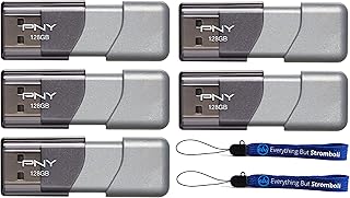 PNY ذاكرة فلاش 128GB USB 3.0 ايليت تيربو اتاتشي 3 (5 عبوات) موديل P-FD128TBOP-GE حزمة مع (2) حبل قصير ايفري ثينج بات سترومبولي، من بي ان واي