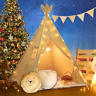 LIONHERZ® Tipi Zelt für Kinder aus 100% Baumwolle mit Kuschelmatte, Tragetasche und Federschmuck | Tippi Kinderzelt [Stabil] Teepee Spielzelt Indoor Outdoor | Spielhaus Mädchen Jungen