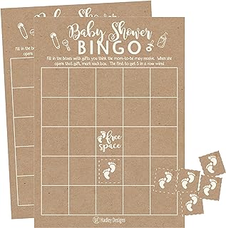 25 Rustic Kraft Bingo Game Cards For Baby Shower, Bulk Blank Bingo Squares, PLUS 25 Pack of Baby Feet Game Chips, Funny Baby Party Ideas and Supplies For Girl or Boy, Cute Kids Woodland Paper Pattern