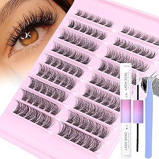 PHKERATA Wispy Cluster Lashes Natural Individual Eyelashes Kit with Bond and Seal and Tweezers 108Pcs Lash Extension Kit C Curl Natural Eyelash Clusters (0.07D, 8-16MM)