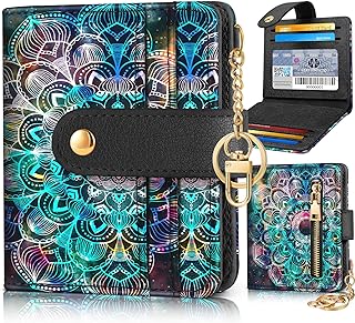 Pegmode Wallet Women Slim Cute Leather Thin Bifold Small Card Wallet Purse for Ladies Teen Girls Female Medium Aesthetic Tiny Boho Simple Unique Pretty Modern Credit Card Holder with Keychain RFID