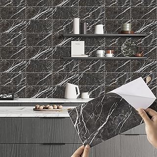 Alened Tile Stickers Marble 15×30cm/12Pcs, Self Adhesive Wall Tiles Black Peel and Stick Wall Tiles Waterproof Vinyl Tiles, Stick on Tiles Kitchen Backsplash Bathroom