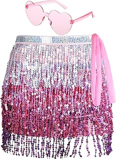 Belly Dance Sequins Skirt for Waist Circumference 31.5 Inch Halloween Sparkly Fringe Skirt Heart Sunglasses for Women