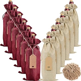 12-Pack Burlap Wine Gift Bags, Reusable Drawstring Bottle Covers with Tags & Ropes for Holidays & Events