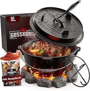 Gusskönig Dutch Oven Set [9.5Q] - Pre-seasoned Fire pot with practical Lid Lifter and Stainless Steel Trivet