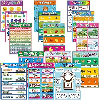 بوستر تعليمي لمرحلة ما قبل المدرسة للاطفال الصغار والاطفال لتعلم الحروف الابجدية ABC، رقم 1-100، عبوة من 15 قطعة، 17 × 12 انش، لوازم روضة الاطفال المنزلية للحائط، ألوان متعددة