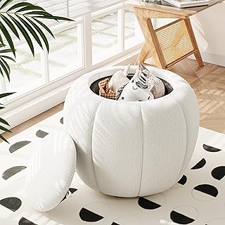 allamazing Storage Ottoman, Round Ottoman with Storage, Upholstered Soft Vanity Stool for Living Room, Foot Stool Ottoman for Bedroom, Entryway (Beige)